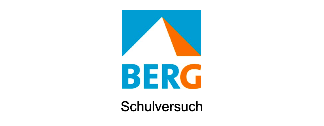 Logo mit einer aus zwei Dreiecken (in weiß und orange) geformten Pyramide. Darunter steht BERG in Großbuchstaben und in blau und orange gefärbt.