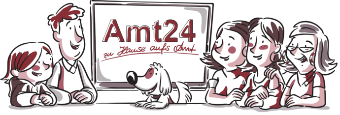 Illustration einer Familie mit Hund und einem Schild, darauf steht: »Amt 24-Zu Hause aufs Amt«.